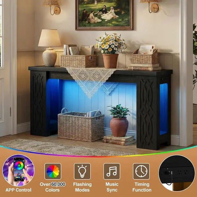 Alt view image 6 of 7 - 63" Console Table with Outlet, Farmhouse Entryway Table with Colorful LED Lights, Wooden Sofa Table with Unique Carved Design, Foyer Accent Table for Entrance, Hallway, Living Room