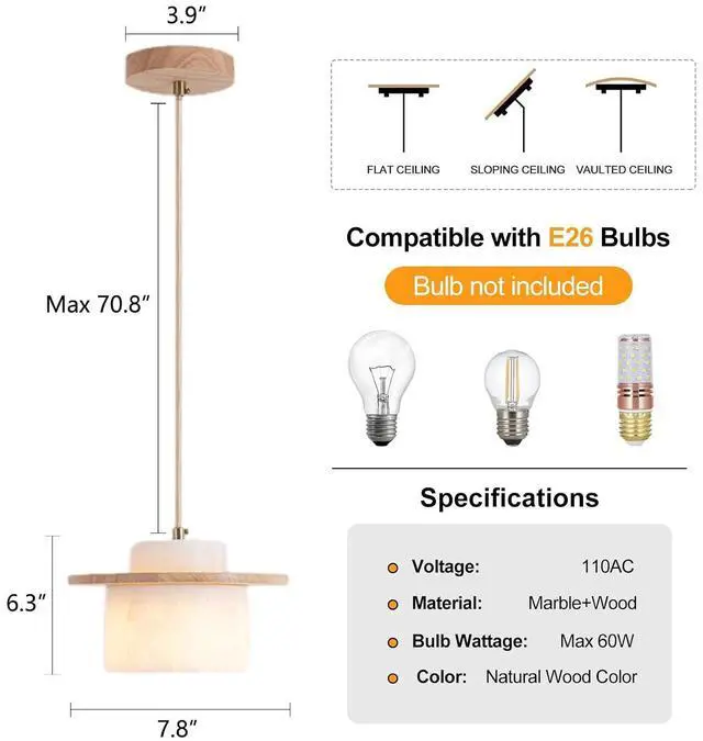 Alt view image 3 of 7 - Natural Stone Pendant Lights, Marble Kitchen Island Pendant Lamp 7.8 inch Modern White Hanging Light for Bedroom Dining Room Table Living Room Hallway(E26 Base)