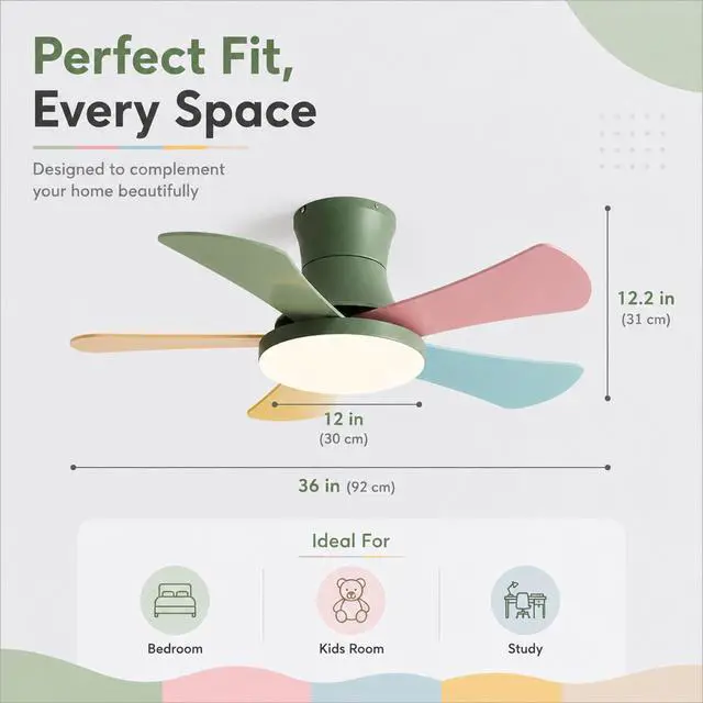 Alt view image 7 of 7 - Simple Wood Low Profile Ceiling Fan with Light 36 Inch Flush Mount Bedroom Ceiling Fan LED Ceiling Fans with Lights and Remote 5-Blade Color Fan Blade Kids Room Mute Ceiling Fan Light