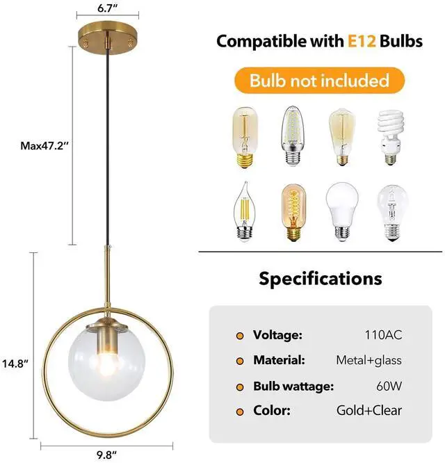 Alt view image 2 of 7 - 9.8-inch Modern Globe Pendant Lights Mid Century Adjustable Hanging Light Fixture with Gold Circle 1-Light Clear Glass Pendant Lighting for Living Room Bedroom Kitchen