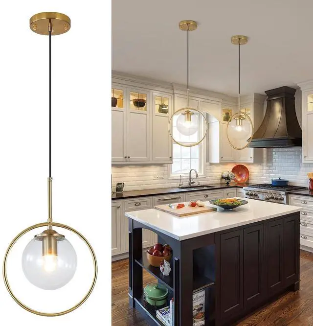 Main image of 9.8-inch Modern Globe Pendant Lights Mid Century Adjustable Hanging Light Fixture with Gold Circle 1-Light Clear Glass Pendant Lighting for Living Room Bedroom Kitchen