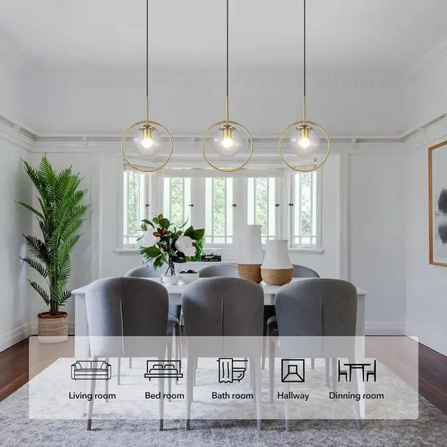Alt view image 3 of 7 - 9.8-inch Modern Globe Pendant Lights Mid Century Adjustable Hanging Light Fixture with Gold Circle 1-Light Clear Glass Pendant Lighting for Living Room Bedroom Kitchen