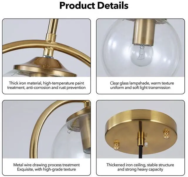 Alt view image 7 of 7 - 9.8-inch Modern Globe Pendant Lights Mid Century Adjustable Hanging Light Fixture with Gold Circle 1-Light Clear Glass Pendant Lighting for Living Room Bedroom Kitchen