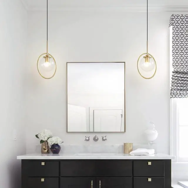 Alt view image 6 of 7 - 9.8-inch Modern Globe Pendant Lights Mid Century Adjustable Hanging Light Fixture with Gold Circle 1-Light Clear Glass Pendant Lighting for Living Room Bedroom Kitchen