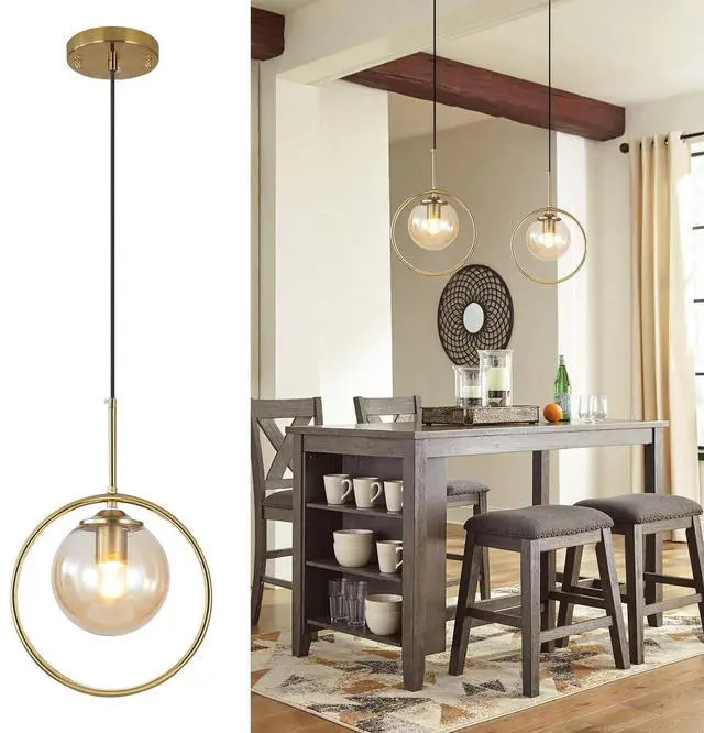 Main image of 9.8-inch Modern Globe Pendant Lights Mid Century Adjustable Hanging Light Fixture with Gold Circle 1-Light Amber Glass Pendant Lighting for Living Room Bedroom Kitchen