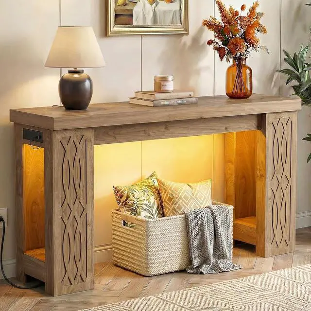 Main image of 47" Console Table with Outlet, Farmhouse Entryway Table with Colorful LED Lights, Wooden Sofa Table with Unique Carved Design, Foyer Accent Table for Entrance, Hallway, Living Room Natural