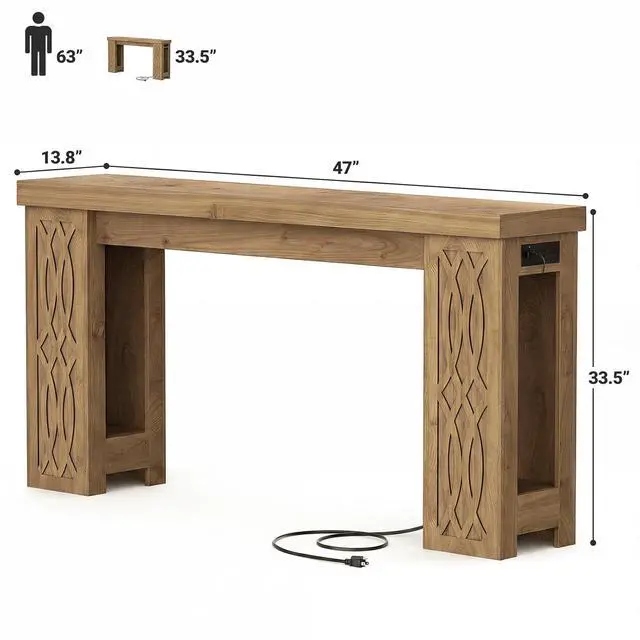 Alt view image 2 of 7 - 47" Console Table with Outlet, Farmhouse Entryway Table with Colorful LED Lights, Wooden Sofa Table with Unique Carved Design, Foyer Accent Table for Entrance, Hallway, Living Room Natural