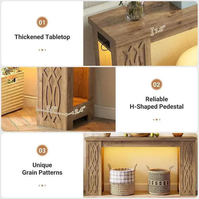 Alt view image 3 of 7 - 47" Console Table with Outlet, Farmhouse Entryway Table with Colorful LED Lights, Wooden Sofa Table with Unique Carved Design, Foyer Accent Table for Entrance, Hallway, Living Room Natural