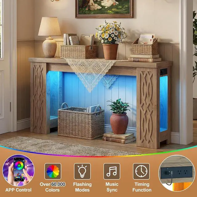 Alt view image 5 of 7 - 47" Console Table with Outlet, Farmhouse Entryway Table with Colorful LED Lights, Wooden Sofa Table with Unique Carved Design, Foyer Accent Table for Entrance, Hallway, Living Room Natural
