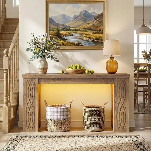 Alt view image 7 of 7 - 47" Console Table with Outlet, Farmhouse Entryway Table with Colorful LED Lights, Wooden Sofa Table with Unique Carved Design, Foyer Accent Table for Entrance, Hallway, Living Room Natural