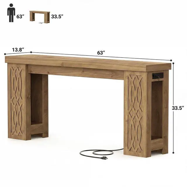 Alt view image 2 of 7 - 63" Console Table with Outlet, Farmhouse Entryway Table with Colorful LED Lights, Wooden Sofa Table with Unique Carved Design, Foyer Accent Table for Entrance, Hallway, Living Room Natural