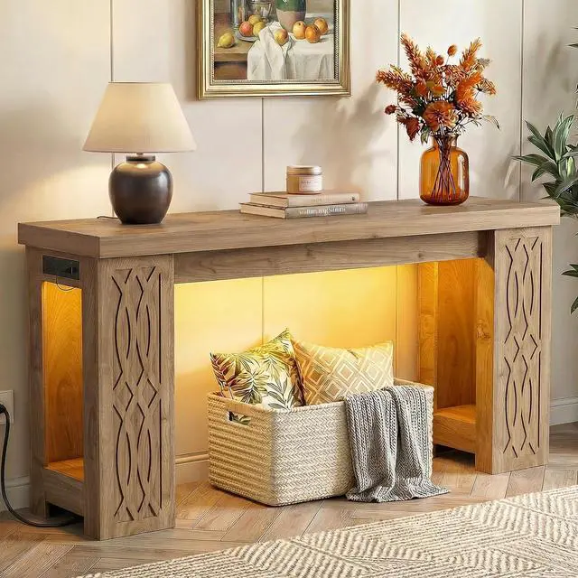 Main image of 63" Console Table with Outlet, Farmhouse Entryway Table with Colorful LED Lights, Wooden Sofa Table with Unique Carved Design, Foyer Accent Table for Entrance, Hallway, Living Room Natural