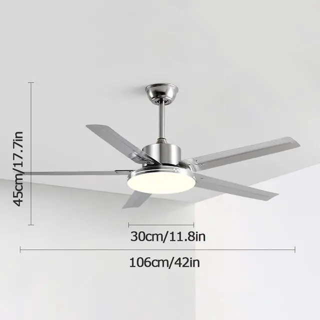 Alt view image 7 of 7 - Stainless Steel Low Profile Ceiling Fan with Light 42 Inch Ceiling Fans with Lights and Remote Indoor Dimmable Smart Ceiling Fan Flush Mount Mute Ceiling Fan with Lights