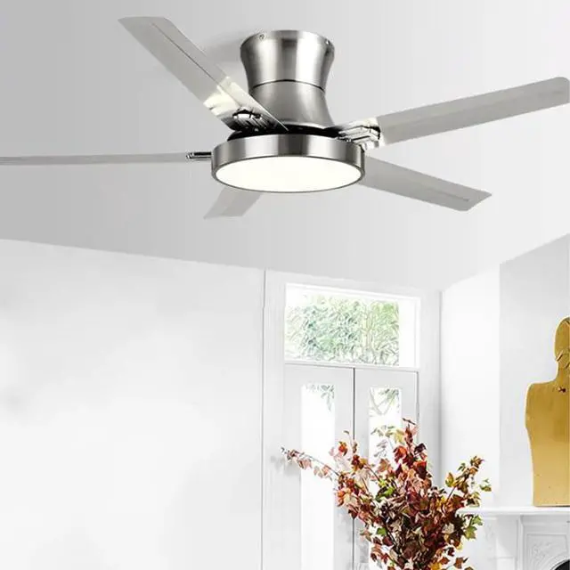 Alt view image 2 of 7 - Modern Flush Mount Ceiling Fan with Lights Stainless Steel Ceiling Fans with Lights and Remote 42 Inch 5-Blade Low Profile Ceiling Fan LED Outdoor Ceiling Fan with Light
