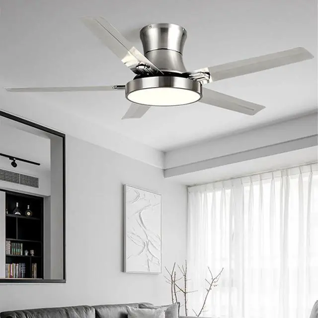Alt view image 3 of 7 - Modern Flush Mount Ceiling Fan with Lights Stainless Steel Ceiling Fans with Lights and Remote 42 Inch 5-Blade Low Profile Ceiling Fan LED Outdoor Ceiling Fan with Light