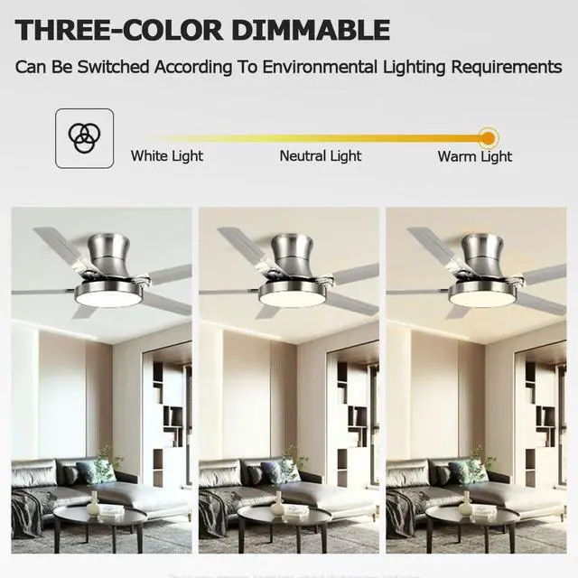 Alt view image 4 of 7 - Modern Flush Mount Ceiling Fan with Lights Stainless Steel Ceiling Fans with Lights and Remote 42 Inch 5-Blade Low Profile Ceiling Fan LED Outdoor Ceiling Fan with Light
