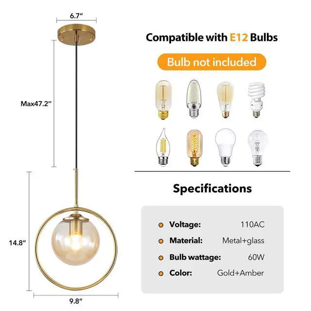 Alt view image 2 of 7 - 9.8-inch Modern Globe Pendant Lights Mid Century Adjustable Hanging Light Fixture with Gold Circle 1-Light Amber Glass Pendant Lighting for Living Room Bedroom Kitchen
