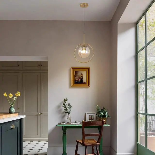 Alt view image 4 of 7 - 9.8-inch Modern Globe Pendant Lights Mid Century Adjustable Hanging Light Fixture with Gold Circle 1-Light Amber Glass Pendant Lighting for Living Room Bedroom Kitchen