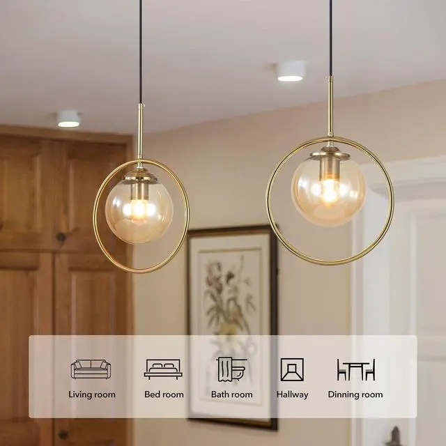 Alt view image 5 of 7 - 9.8-inch Modern Globe Pendant Lights Mid Century Adjustable Hanging Light Fixture with Gold Circle 1-Light Amber Glass Pendant Lighting for Living Room Bedroom Kitchen