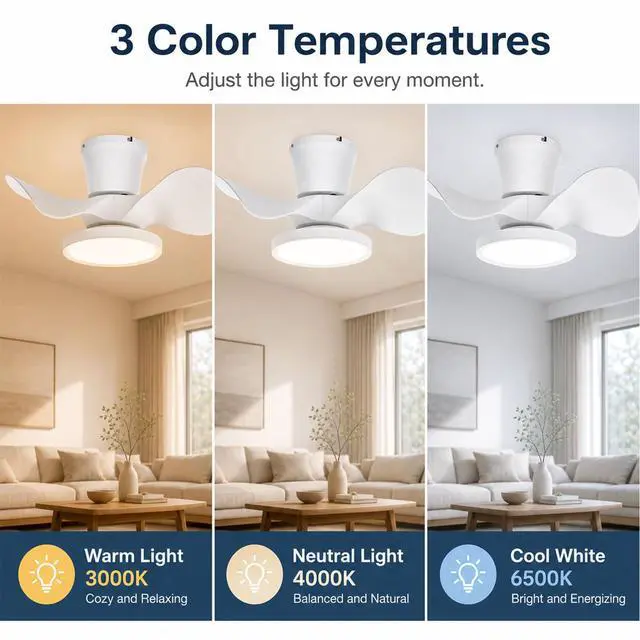 Alt view image 3 of 7 - 22 inch Ceiling Fans with Lights, Low Profile Ceiling Fan with Light and Remote Control, Reversible, 3CCT, Noiseless, 3 Speed Large Air Volume Ceiling Fans for Kitchen Bedroom Dining Room