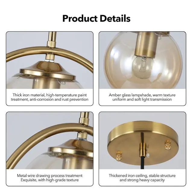 Alt view image 7 of 7 - 9.8-inch Modern Globe Pendant Lights Mid Century Adjustable Hanging Light Fixture with Gold Circle 1-Light Amber Glass Pendant Lighting for Living Room Bedroom Kitchen
