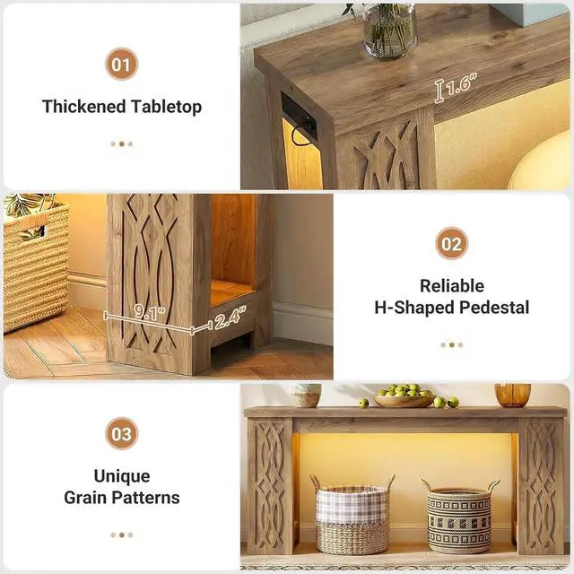 Alt view image 3 of 7 - 63" Console Table with Outlet, Farmhouse Entryway Table with Colorful LED Lights, Wooden Sofa Table with Unique Carved Design, Foyer Accent Table for Entrance, Hallway, Living Room Natural