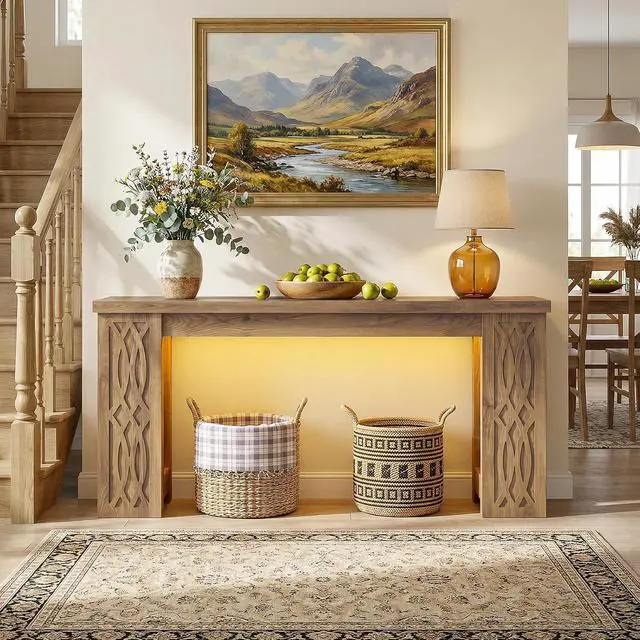 Alt view image 7 of 7 - 63" Console Table with Outlet, Farmhouse Entryway Table with Colorful LED Lights, Wooden Sofa Table with Unique Carved Design, Foyer Accent Table for Entrance, Hallway, Living Room Natural