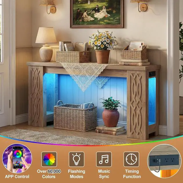 Alt view image 6 of 7 - 63" Console Table with Outlet, Farmhouse Entryway Table with Colorful LED Lights, Wooden Sofa Table with Unique Carved Design, Foyer Accent Table for Entrance, Hallway, Living Room Natural
