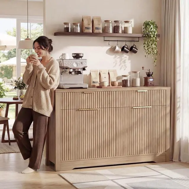 Alt view image 2 of 7 - 55" Fluted Buffet Cabinet with Drawers, Modern Sideboard Credenza with Adjustable Shelves, Coffee Bar Table with Storage for Dining Room, Entryway, Kitchen, Natural Oak