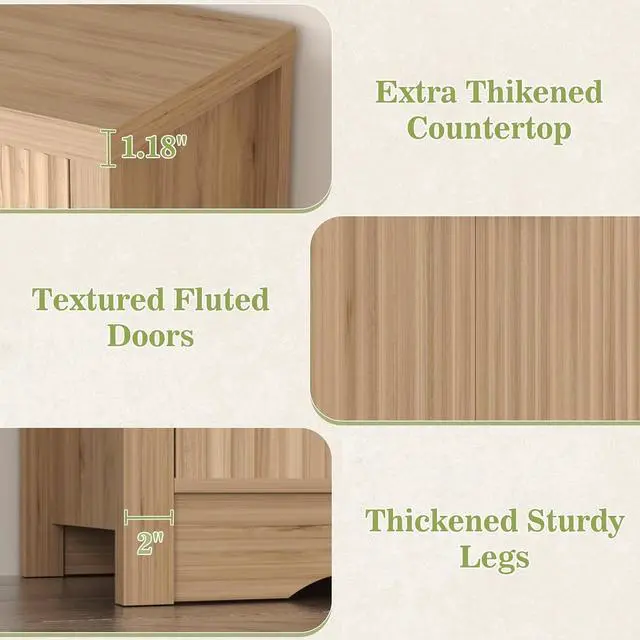 Alt view image 4 of 7 - 55" Fluted Buffet Cabinet with Drawers, Modern Sideboard Credenza with Adjustable Shelves, Coffee Bar Table with Storage for Dining Room, Entryway, Kitchen, Natural Oak