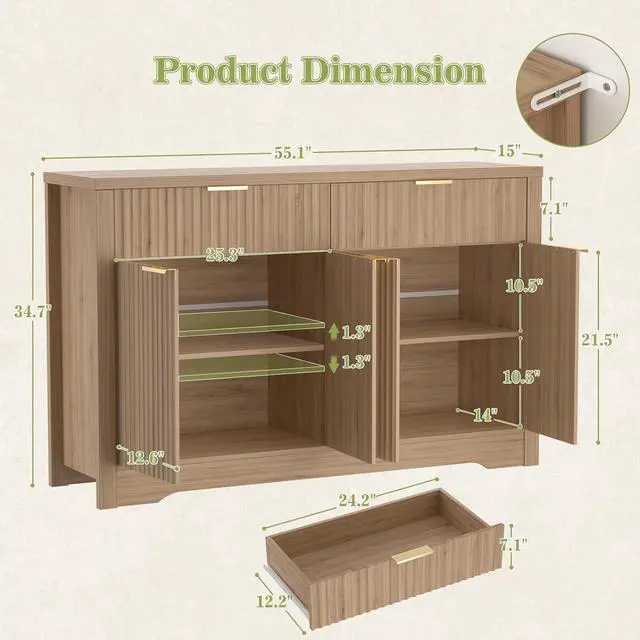 Alt view image 3 of 7 - 55" Fluted Buffet Cabinet with Drawers, Modern Sideboard Credenza with Adjustable Shelves, Coffee Bar Table with Storage for Dining Room, Entryway, Kitchen, Natural Oak