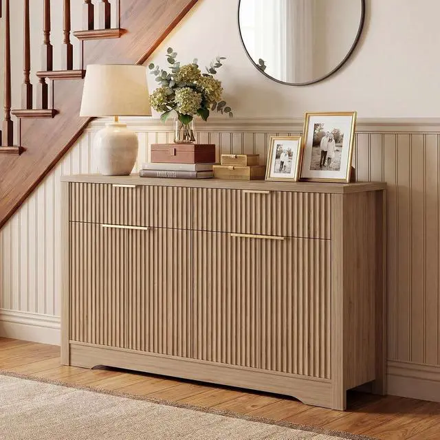Alt view image 5 of 7 - 55" Fluted Buffet Cabinet with Drawers, Modern Sideboard Credenza with Adjustable Shelves, Coffee Bar Table with Storage for Dining Room, Entryway, Kitchen, Natural Oak