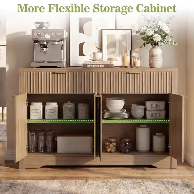 Alt view image 7 of 7 - 55" Fluted Buffet Cabinet with Drawers, Modern Sideboard Credenza with Adjustable Shelves, Coffee Bar Table with Storage for Dining Room, Entryway, Kitchen, Natural Oak