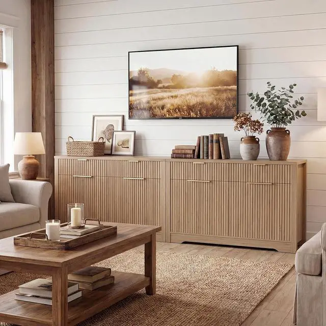 Alt view image 6 of 7 - 55" Fluted Buffet Cabinet with Drawers, Modern Sideboard Credenza with Adjustable Shelves, Coffee Bar Table with Storage for Dining Room, Entryway, Kitchen, Natural Oak