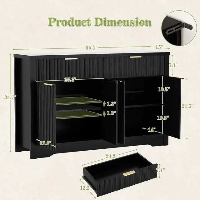 Alt view image 3 of 7 - 55" Fluted Buffet Cabinet with Drawers, Modern Sideboard Credenza with Adjustable Shelves, Coffee Bar Table with Storage for Dining Room, Entryway, Kitchen, Black