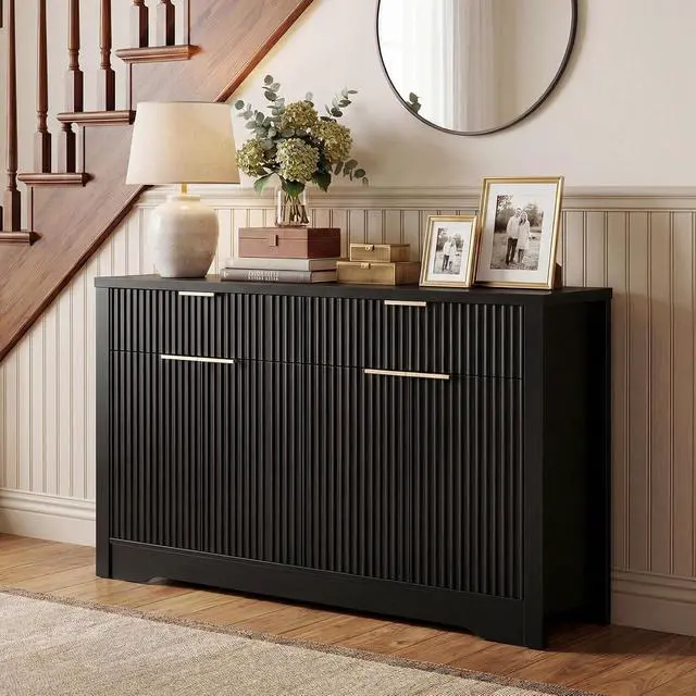 Alt view image 2 of 7 - 55" Fluted Buffet Cabinet with Drawers, Modern Sideboard Credenza with Adjustable Shelves, Coffee Bar Table with Storage for Dining Room, Entryway, Kitchen, Black
