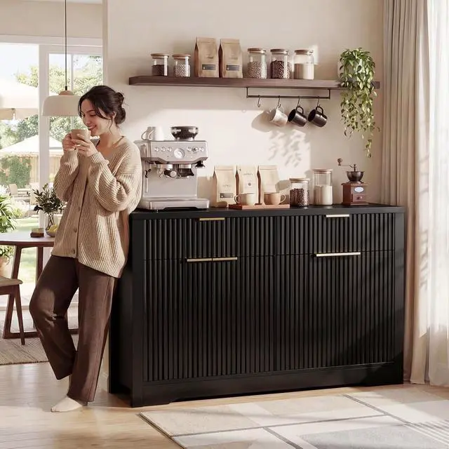 Alt view image 4 of 7 - 55" Fluted Buffet Cabinet with Drawers, Modern Sideboard Credenza with Adjustable Shelves, Coffee Bar Table with Storage for Dining Room, Entryway, Kitchen, Black