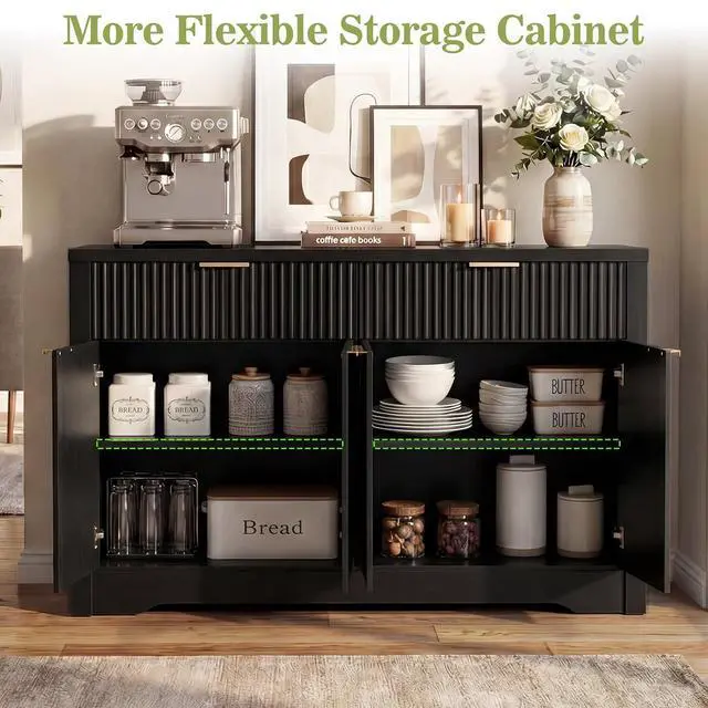 Alt view image 6 of 7 - 55" Fluted Buffet Cabinet with Drawers, Modern Sideboard Credenza with Adjustable Shelves, Coffee Bar Table with Storage for Dining Room, Entryway, Kitchen, Black