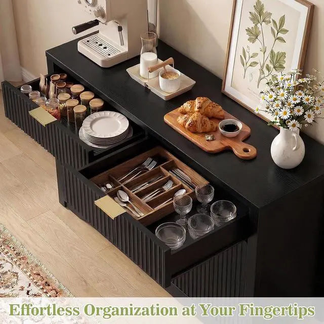 Alt view image 7 of 7 - 55" Fluted Buffet Cabinet with Drawers, Modern Sideboard Credenza with Adjustable Shelves, Coffee Bar Table with Storage for Dining Room, Entryway, Kitchen, Black