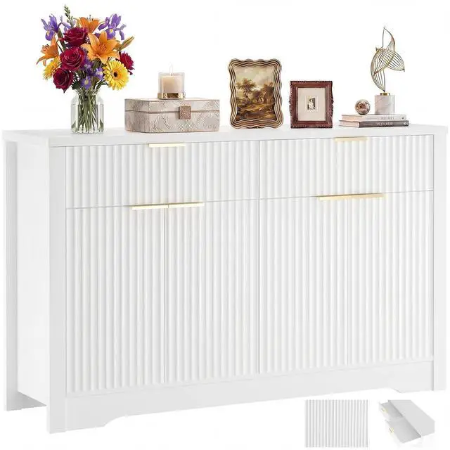 Main image of 55" Buffet Cabinet with Storage, Fluted Sideboard with Drawers, Modern Sideboard with Adjustable Shelves for Entryway, Kitchen, Living Room, Hallway, White