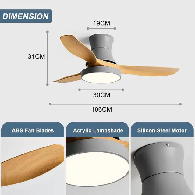Alt view image 6 of 7 - Ceiling Fan with Lights and Remote, 42 inch Imitation Wood Ceiling Fans, 6 Speeds DC Reversible, 3CCT Dimmable, Mute Low Profile Ceiling Fan for Bedroom, Living Room(Gray)