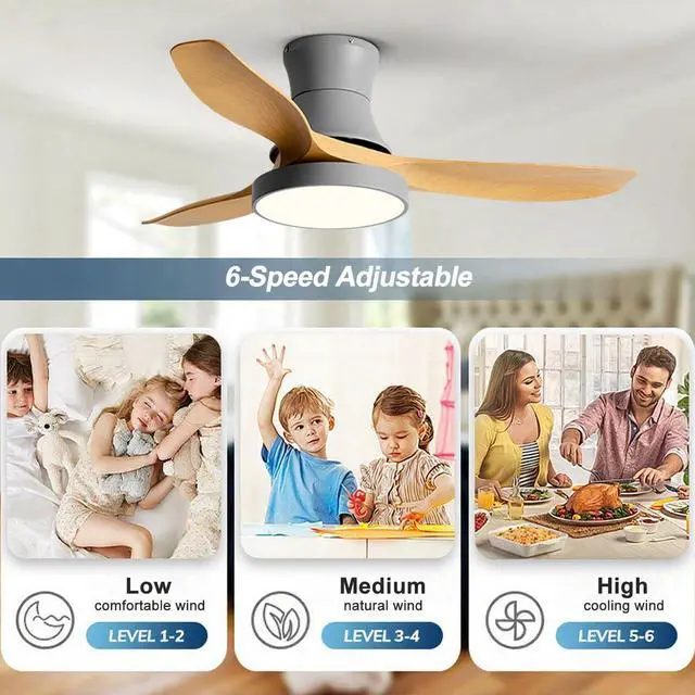 Alt view image 5 of 7 - Ceiling Fan with Lights and Remote, 42 inch Imitation Wood Ceiling Fans, 6 Speeds DC Reversible, 3CCT Dimmable, Mute Low Profile Ceiling Fan for Bedroom, Living Room(Gray)