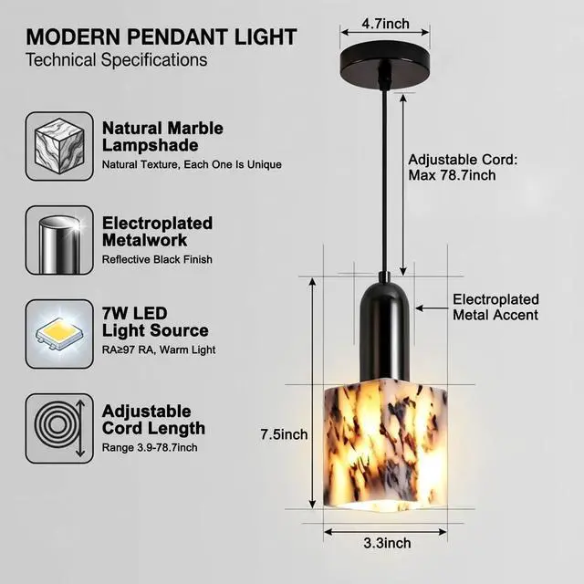 Alt view image 4 of 7 - Modern Marble Pendant Lights, Black Kitchen Island Pendant Lamp, Natural Stone LED Hanging Light, for Bedroom Bathroom Dining Room Living Room Hallway