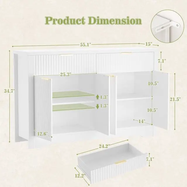 Alt view image 3 of 7 - 55" Buffet Cabinet with Storage, Fluted Sideboard with Drawers, Modern Sideboard with Adjustable Shelves for Entryway, Kitchen, Living Room, Hallway, White