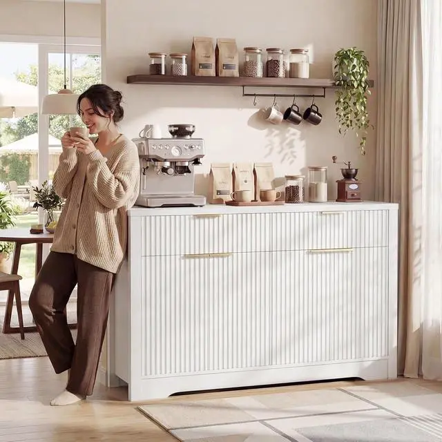 Alt view image 2 of 7 - 55" Buffet Cabinet with Storage, Fluted Sideboard with Drawers, Modern Sideboard with Adjustable Shelves for Entryway, Kitchen, Living Room, Hallway, White