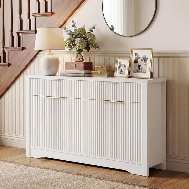 Alt view image 4 of 7 - 55" Buffet Cabinet with Storage, Fluted Sideboard with Drawers, Modern Sideboard with Adjustable Shelves for Entryway, Kitchen, Living Room, Hallway, White