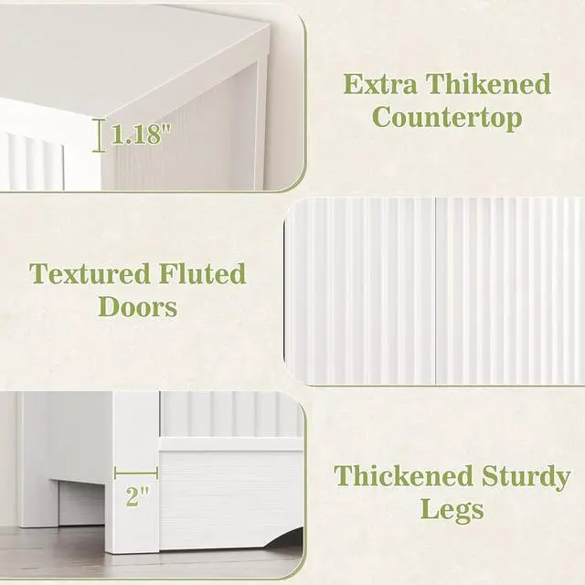 Alt view image 6 of 7 - 55" Buffet Cabinet with Storage, Fluted Sideboard with Drawers, Modern Sideboard with Adjustable Shelves for Entryway, Kitchen, Living Room, Hallway, White