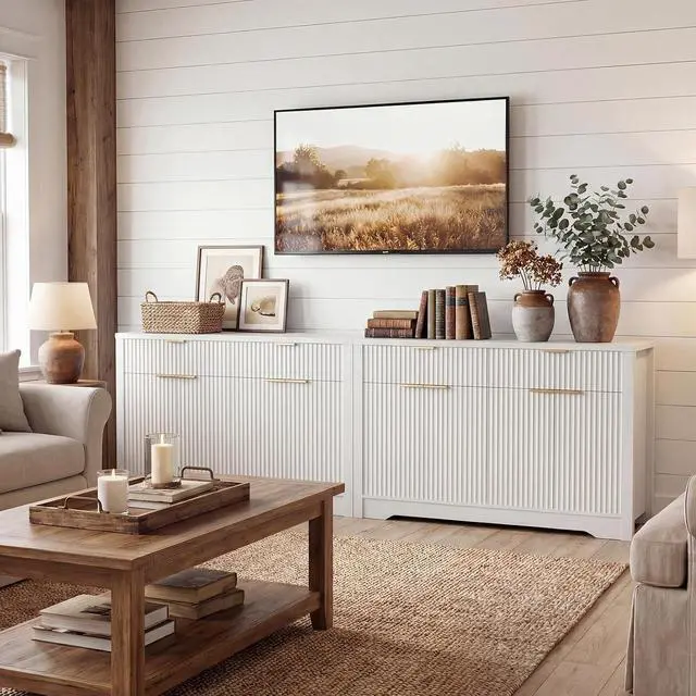 Alt view image 5 of 7 - 55" Buffet Cabinet with Storage, Fluted Sideboard with Drawers, Modern Sideboard with Adjustable Shelves for Entryway, Kitchen, Living Room, Hallway, White