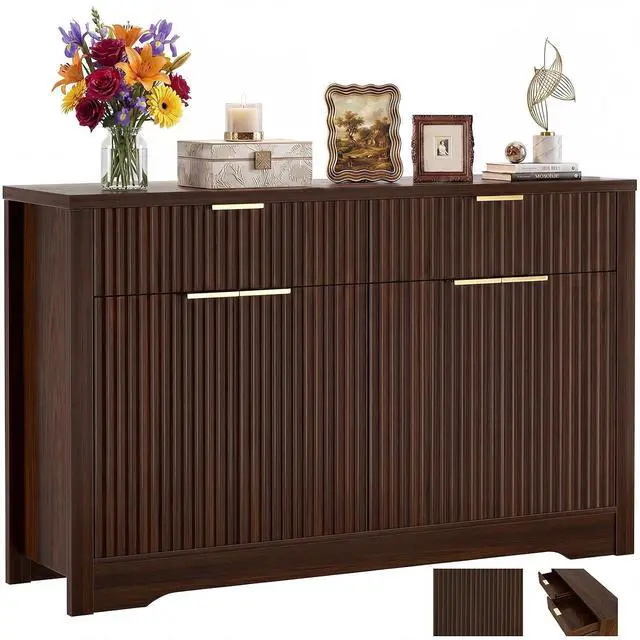 Main image of 55" Fluted Buffet Cabinet with Storage, Modern Sideboard Credenza with Adjustable Shelves & Drawers, Coffee Bar Table for Dining Room, Entryway, Kitchen, Black Walnut