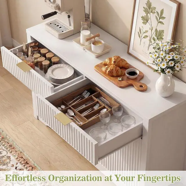 Alt view image 7 of 7 - 55" Buffet Cabinet with Storage, Fluted Sideboard with Drawers, Modern Sideboard with Adjustable Shelves for Entryway, Kitchen, Living Room, Hallway, White